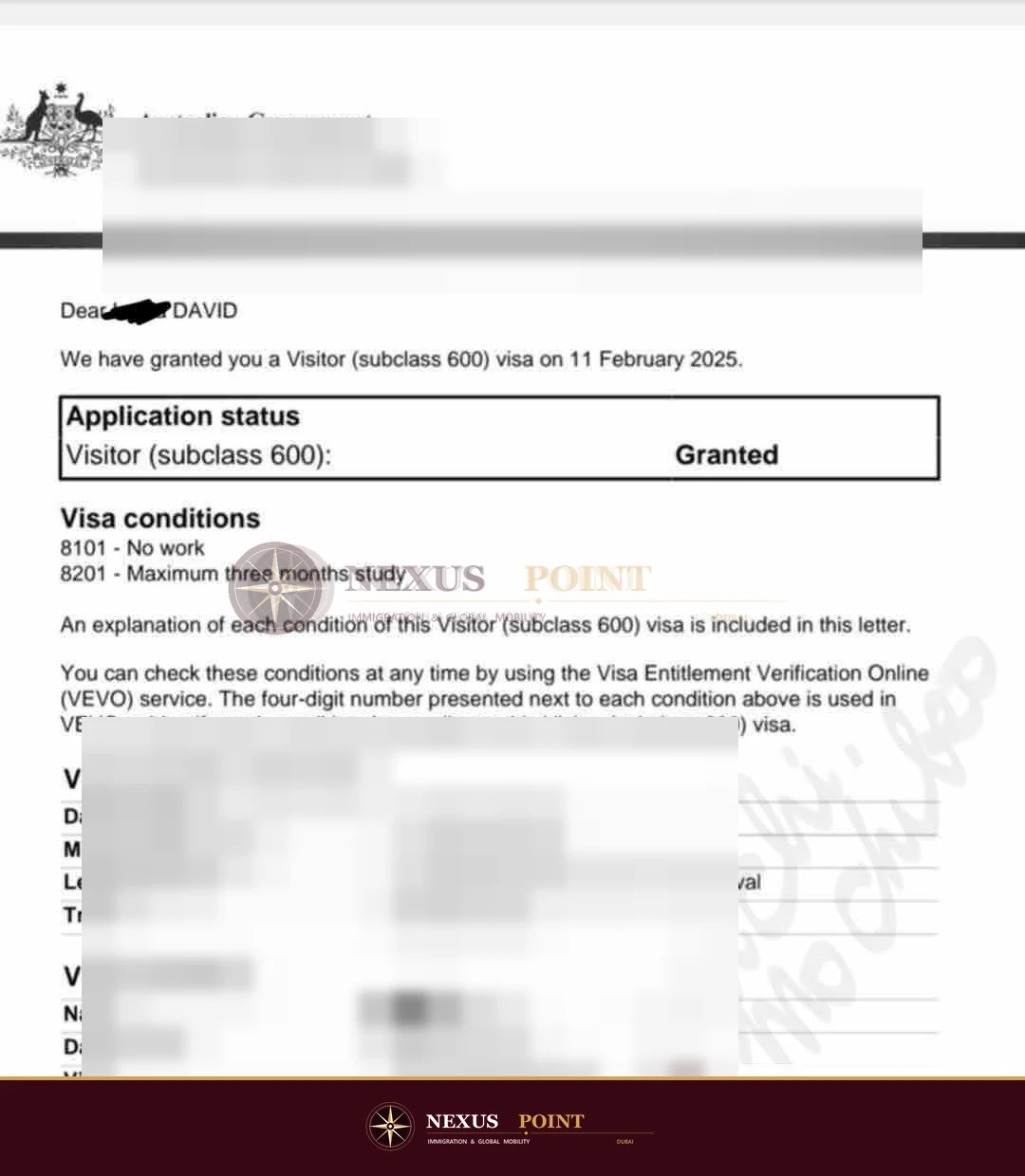 Privacy-safe preview of Australian visa grant notice