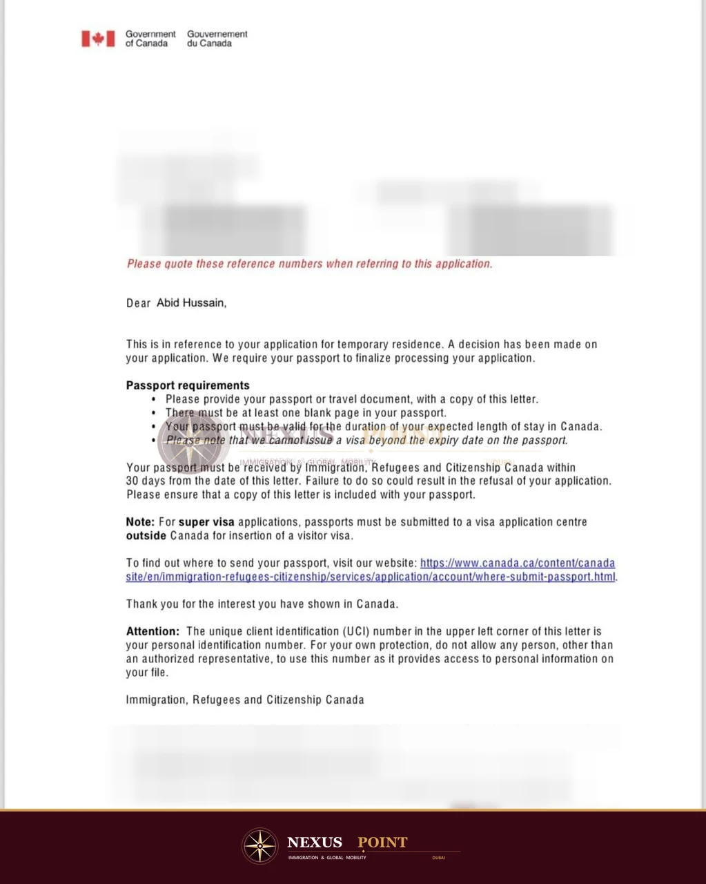 Privacy-safe preview of Canadian immigration decision letter