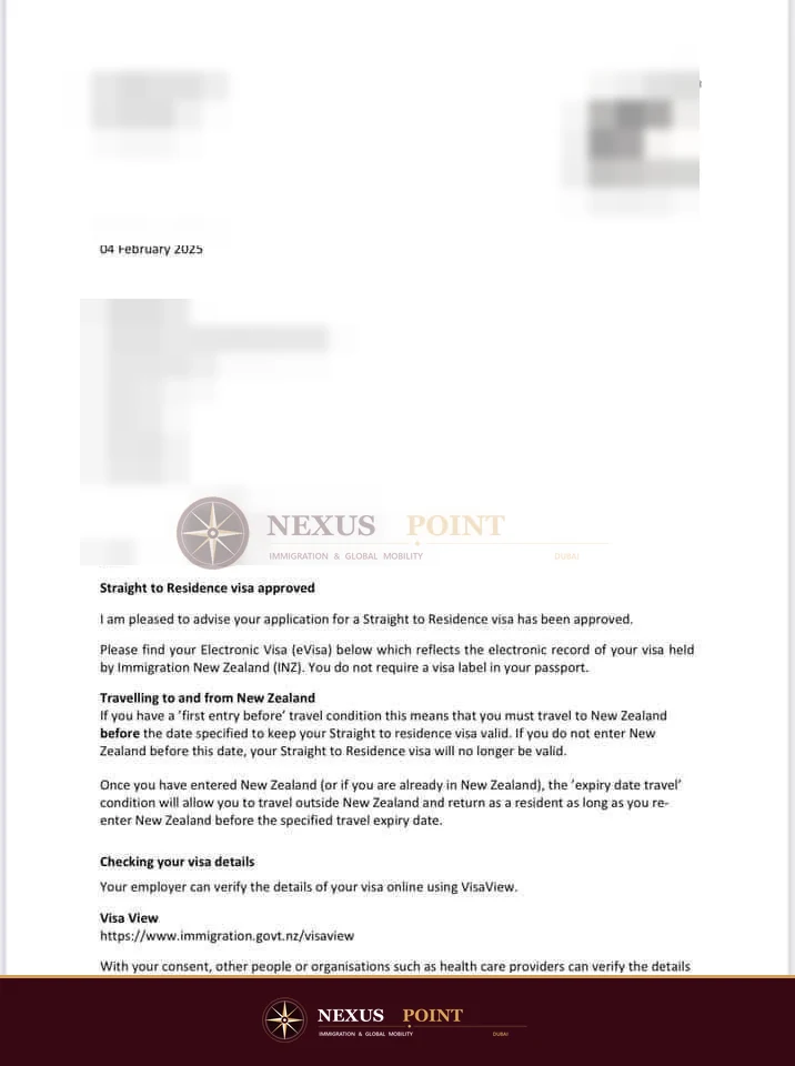 Privacy-safe preview of New Zealand visa decision letter