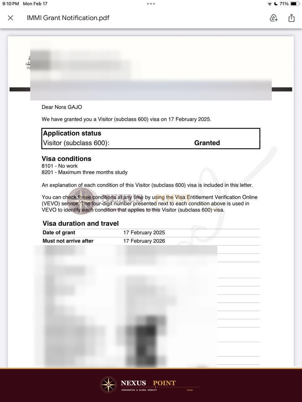 Privacy-safe preview of Australian visa grant notice