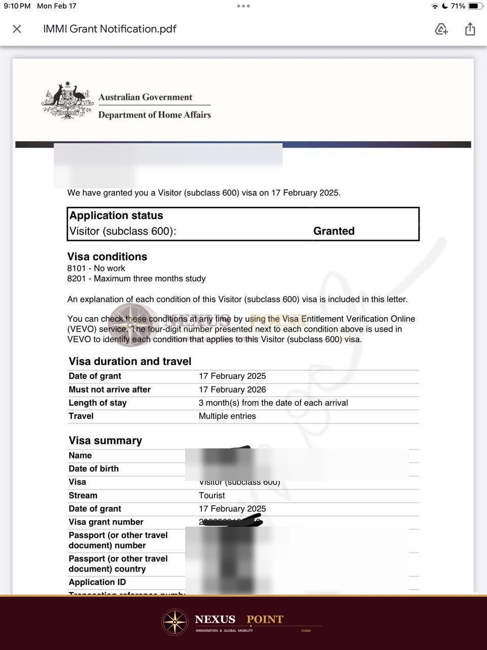 Privacy-safe preview of Australian visitor visa grant